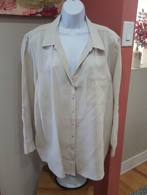 Joie 100% Linen Cream Women's  Button-Front Shirt with Lace Trim Pocket, 3X